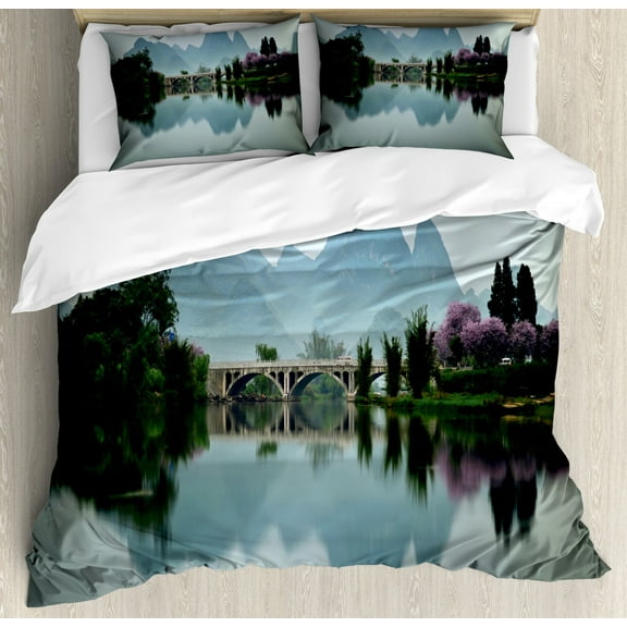 Farm House Decor Queen Size Duvet Cover Set, Japanese National Park Bridge Reflections of the Mount on the Lake Scenery, Decorative 3 Piece Bedding Set with 2 Pillow Shams, Multi, by Ambesonne