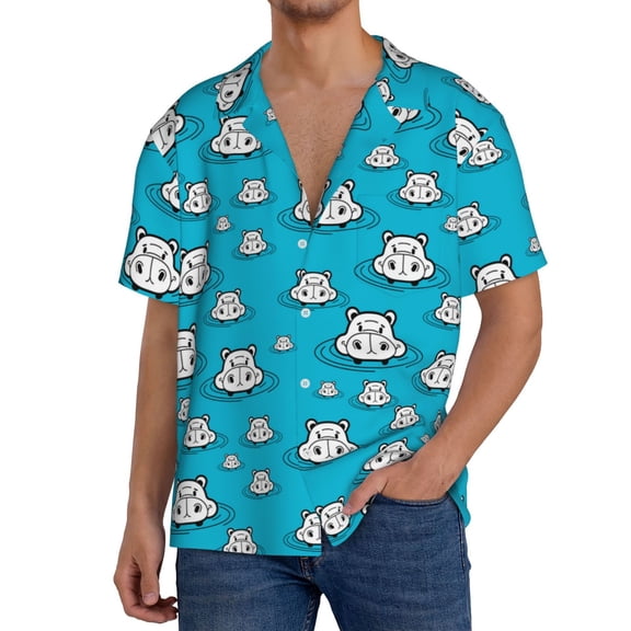 Rateoe Hippo In Water Head Print Mens Front Pocket Hawaiian Shirts Casual Shirts Short Sleeve Button Down Beach Tropical Shirts-Small