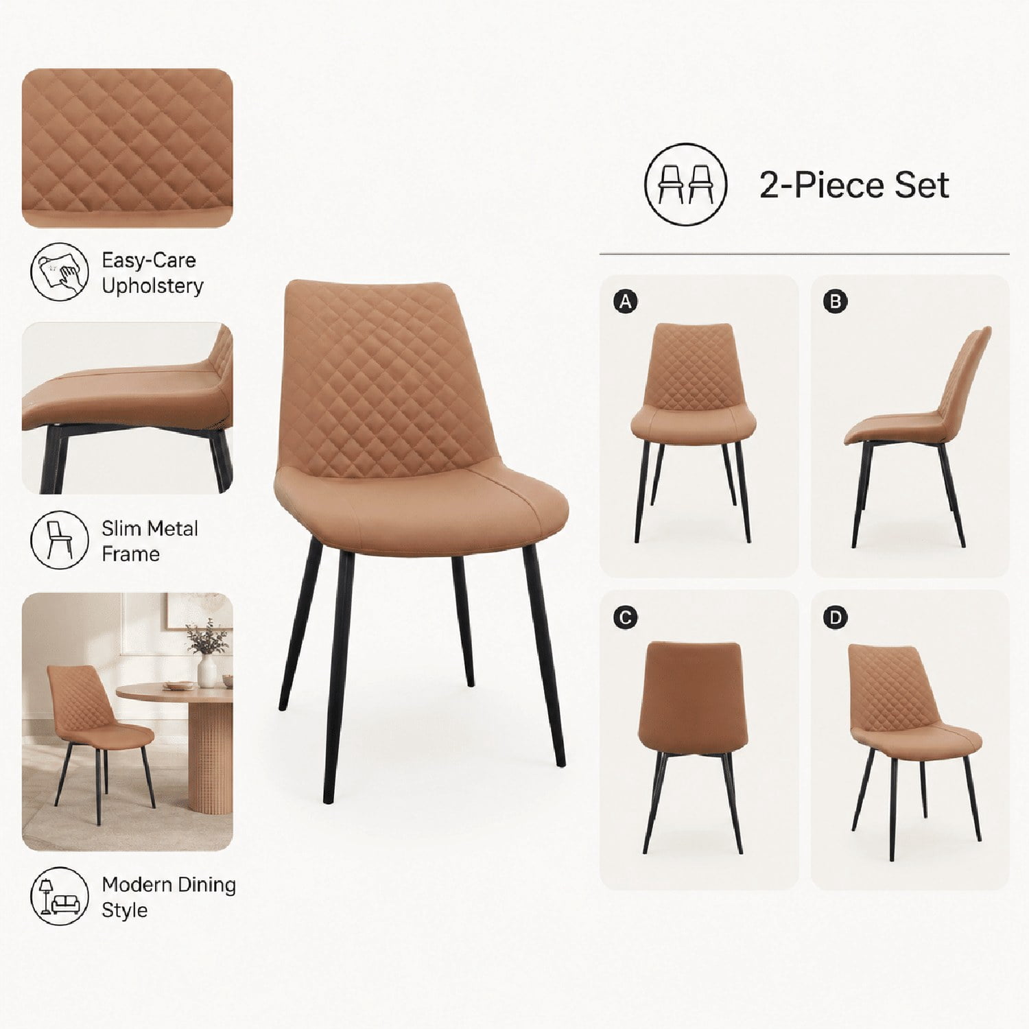 Modern PU Leather Dining Chairs, Set of 2, Foam-Padded Faux Leather Seat with Metal Frame, Diamond-Quilted Upholstery for Dining Room, Kitchen, Living Room