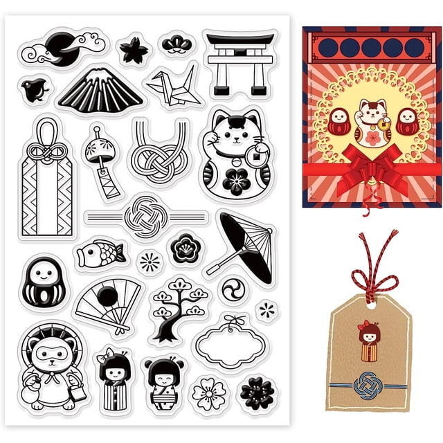 Set de sellos transparentes con temática japonesa: abanico plegable, paraguas, mil grullas de papel y gato de la suerte.