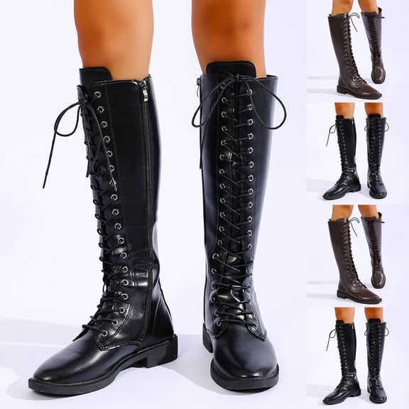 Women’s Full Lace Up Knee High Combat Boots, Round Toe Low Flat Heel Leather Tall Boots, Side Zipper Moto Riding Shoes Brown 9.5(43)