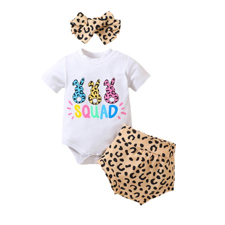 

Infant Baby Girl Easter Outfit Leopard Bunny Print Short Sleeve Romper Bodysuit Shorts Headband Clothes Set