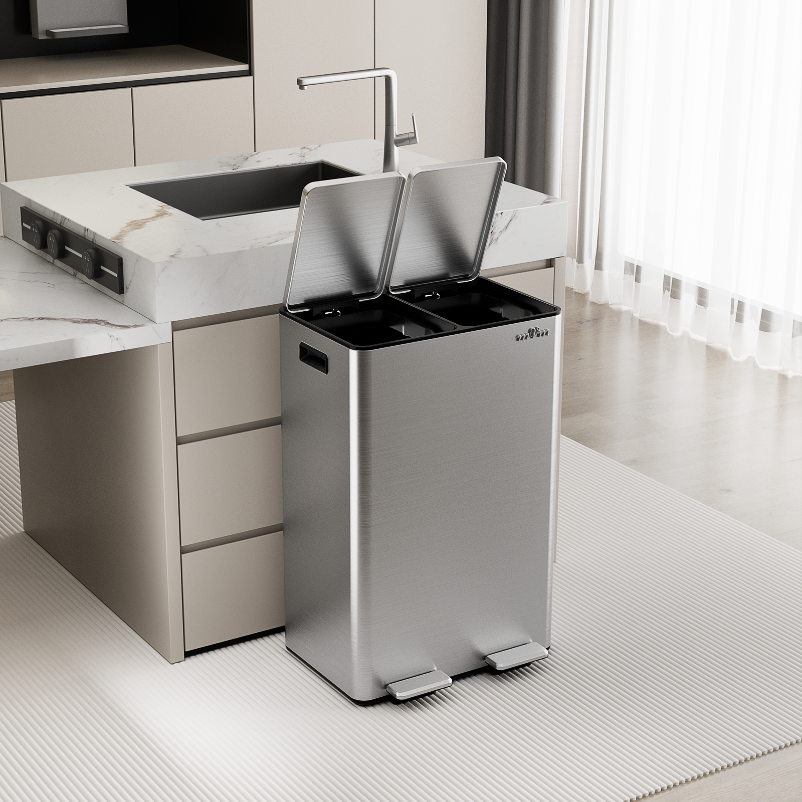 mVm 16 Gal Dual Trash Can, 2 Compartment Kitchen Trash Can with Lid, Modern Office Garbage Bin(Silver)