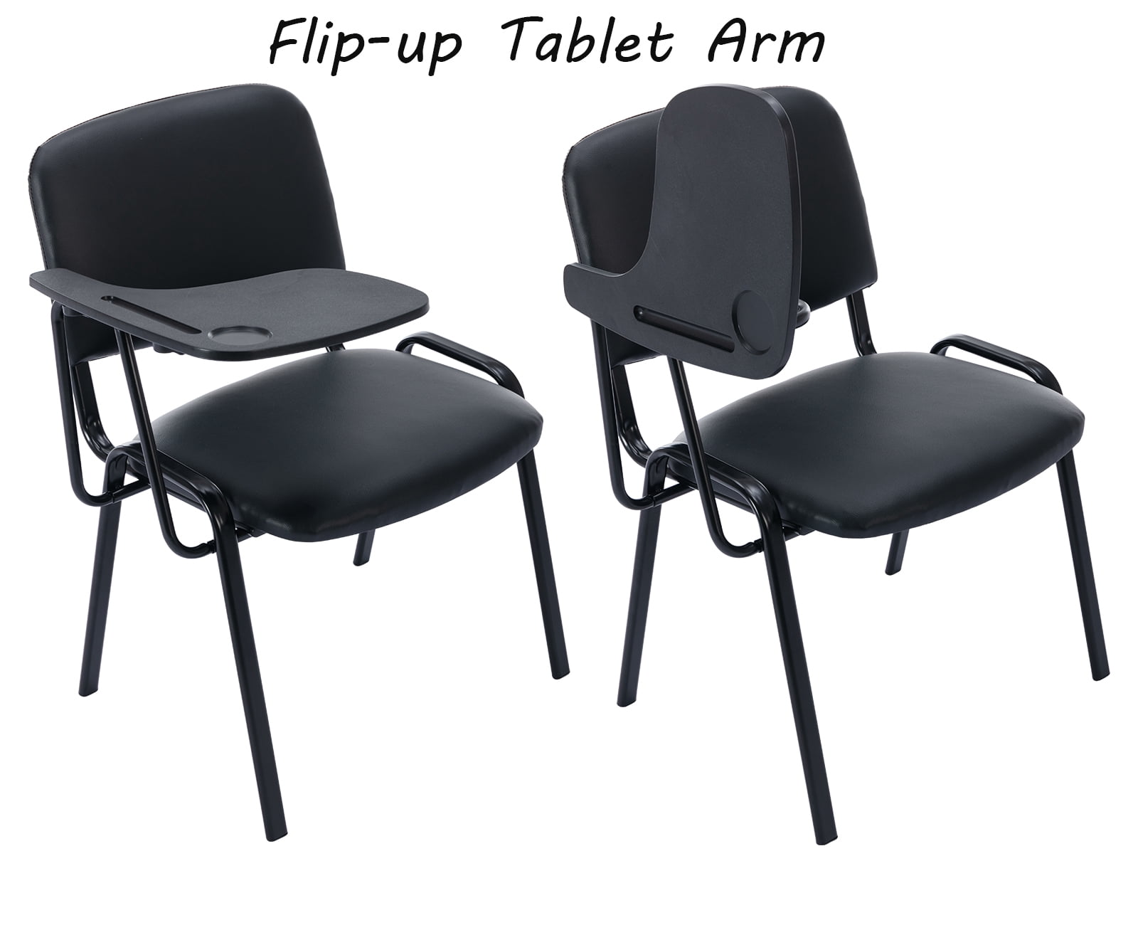 Guyou Set of 5 Black Stackable Conference Room Chairs with Flip-up Tablet Arm, Leather Reception Chair with Back, Ergonomic Office Chairs, Visitor Chairs for Conference Room Training Room School