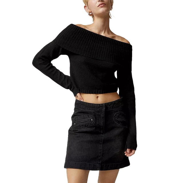 xiaxaixu Sweaters for Women Spring Autumn Knit Tops Solid Color Long Sleeve Off Shoulder Slim Knitwear