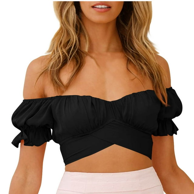 Timegard Crop Tops for Women off the Shoulder Ruffle Short Sleeve Back Tie Summer Going out Tops Blouse