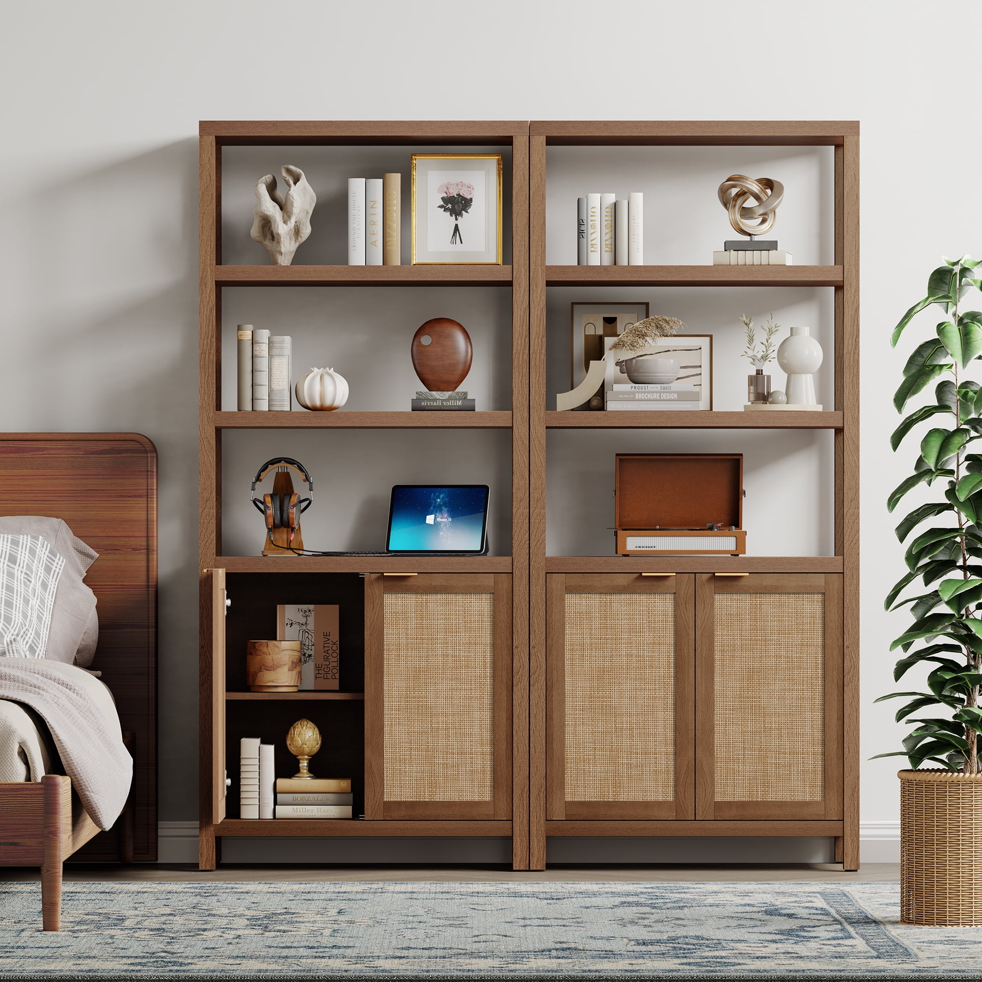 SICOTAS 71" Tall Bookcase with Doors, Boho 5 Tier Rattan Bookshelf Set of 3, Mid-Century Bookcase with Storage Cabinet for Living Room, Bedroom, Library & Home Office in Oak