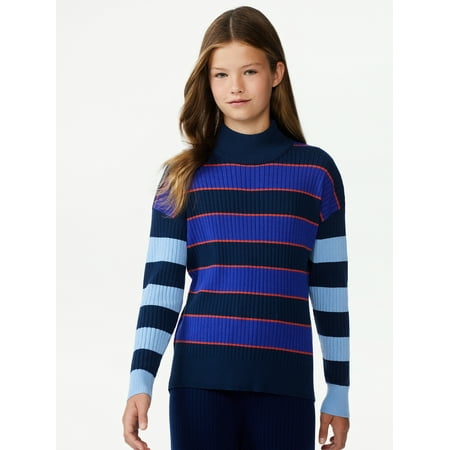 Free Assembly Girls Striped Sweater with Long Sleeves, Sizes 4-18