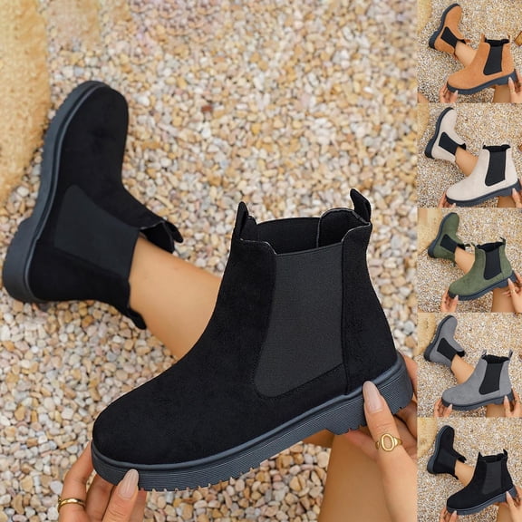 Women’s Suede Chelsea Ankle Boots, Elastic Side Panels Lug Sole Platform Booties, Slip‑On Short Boots for Fall Winter