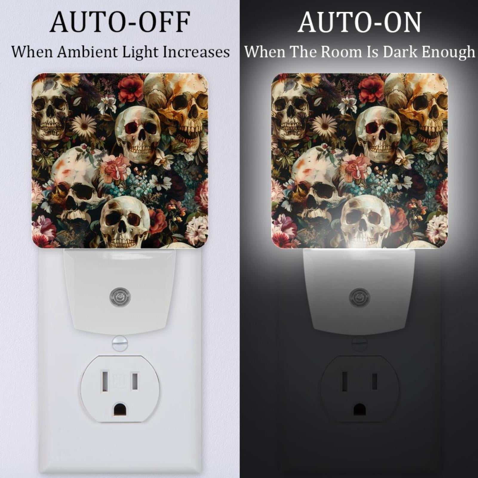 PhooArto Vintage Floral Skulls Plug in LED Night Light Auto Sensor Dusk to Dawn Decorative Night for Bedroom, Bathroom, Kitchen, Hallway, Stairs, Baby's Room, Energy Saving