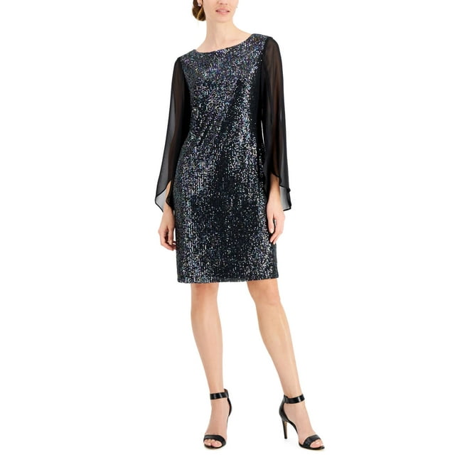 Connected Robe Scintillante à Manches Transparentes Pailletée pour Femmes, Noir, 6