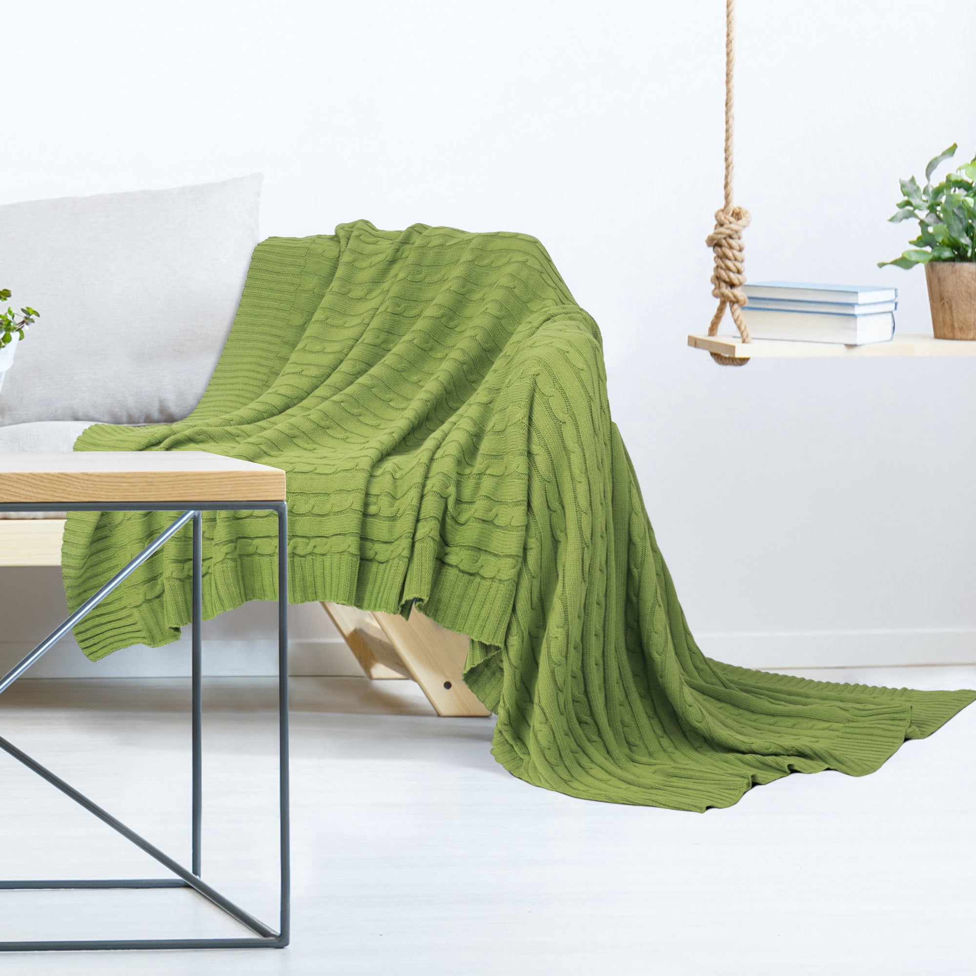 Unique Bargains Cable Knitted Bed Sofa Throw Blanket Yellow-Green 47" x 71"
