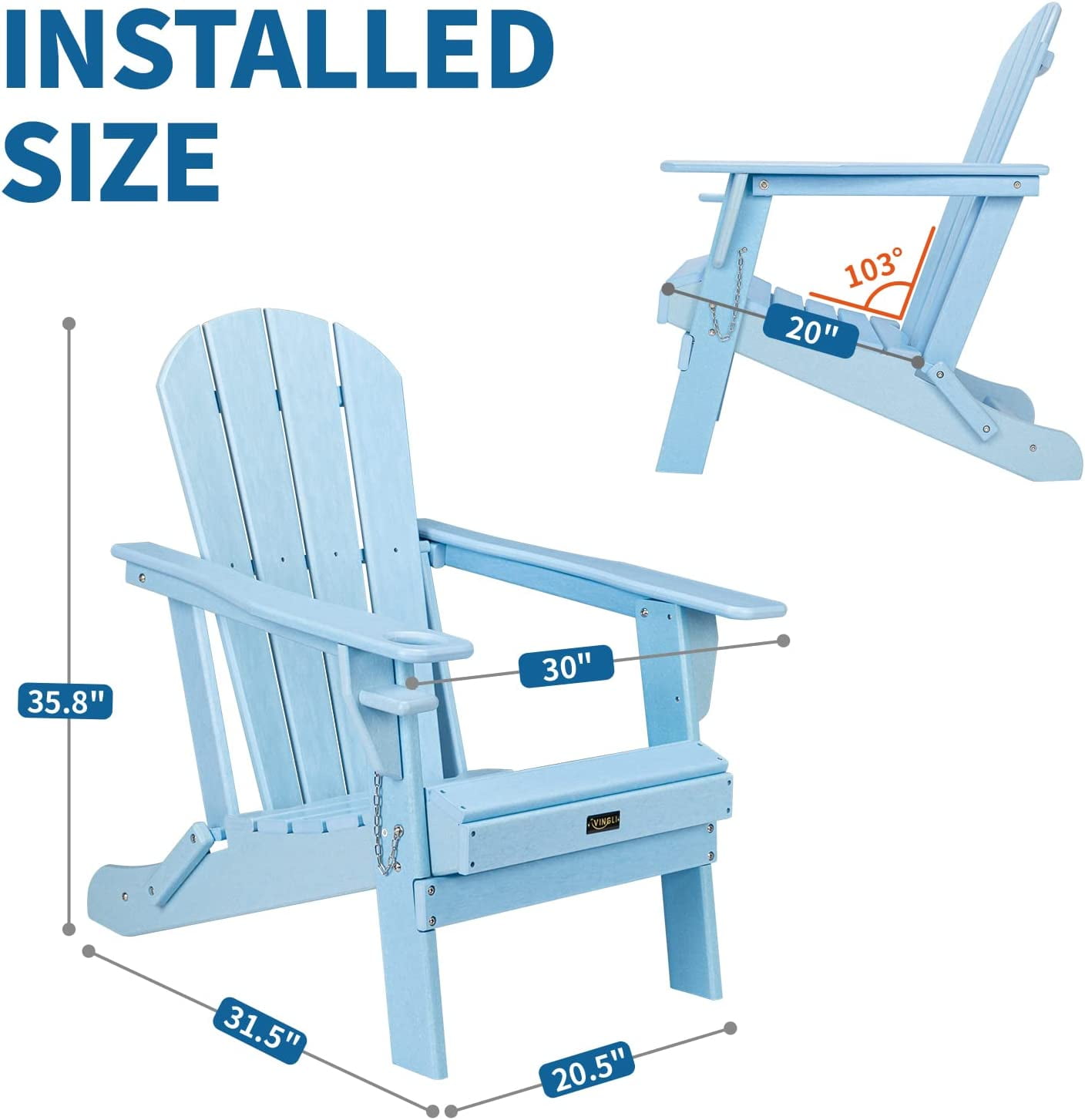 VINGLI HDPE Adirondack Chair, Blue with Cup Holder