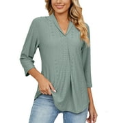 Women's Casual Loose Elegant Eyelet Blouse Clearance Vintage Summer Tops Woman Collared V Neck 2023 Tunic Lady Work Blouses 3/4 Sleeve Western Shirts Solid Color Pleated Dressy Green L
