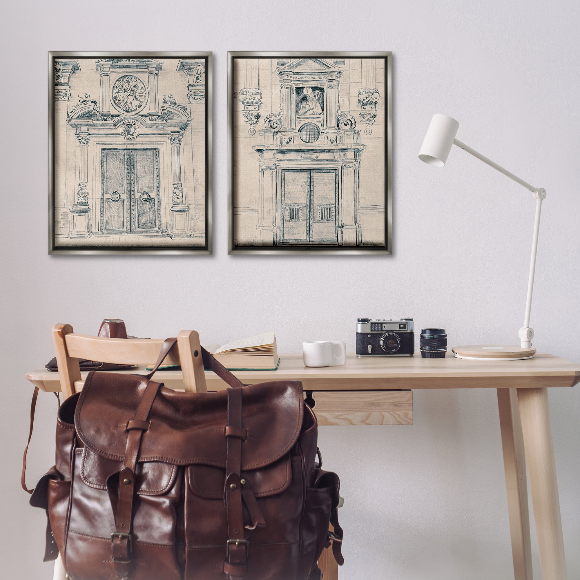 Stupell Industries Pencil Sketch Ornate Door Buildings & Architecture Drawing Gray Floater Framed Canvas Art Print Wall Art, 31 x 25, Set of 2