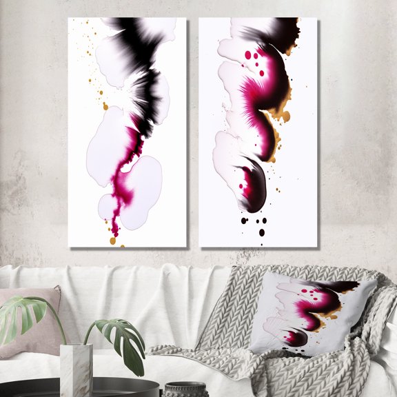 Designart "Fusion in Magenta Minimal Ink Clouds V" Abstract Painting Wall Art Set Of 2 - Modern Black Gallery Set For Office Decor