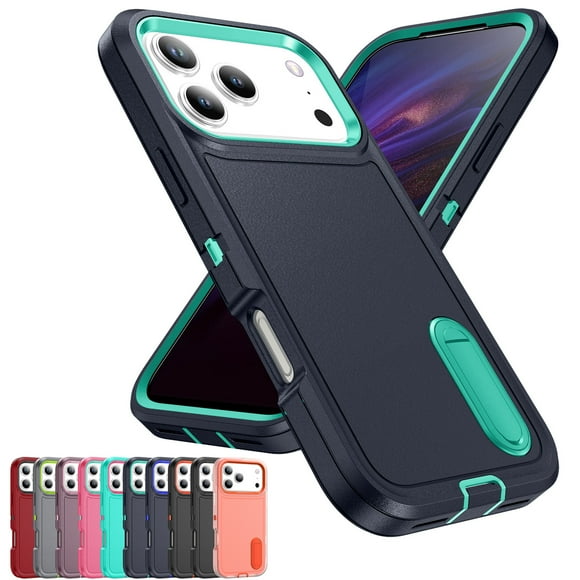 Decase 3-in-1 Shockproof Case for iPhone 17 Pro Max,3-Layer Heavy Duty Anti-Scratch Hard Case,Rugged Kickstand Cover,Darkblue+Mint
