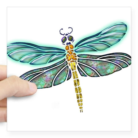 CafePress - Glowing Stained Glass And Abalone Shell Dragonfly - Square Sticker 3