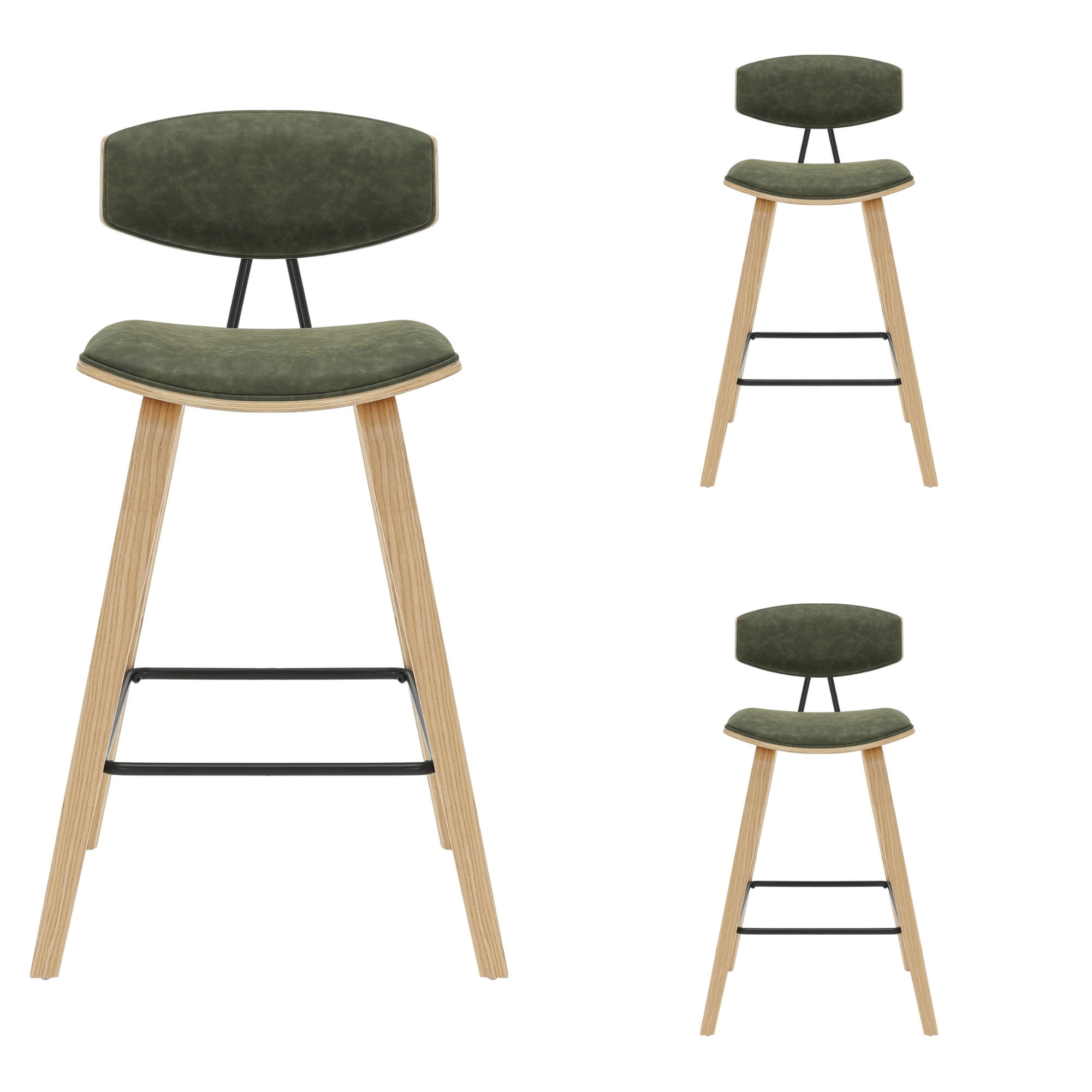 Fox 36 in. H Counter Height Vintage Green Curved Back Wood Bar Stool with Faux Leather Seat Set of 3