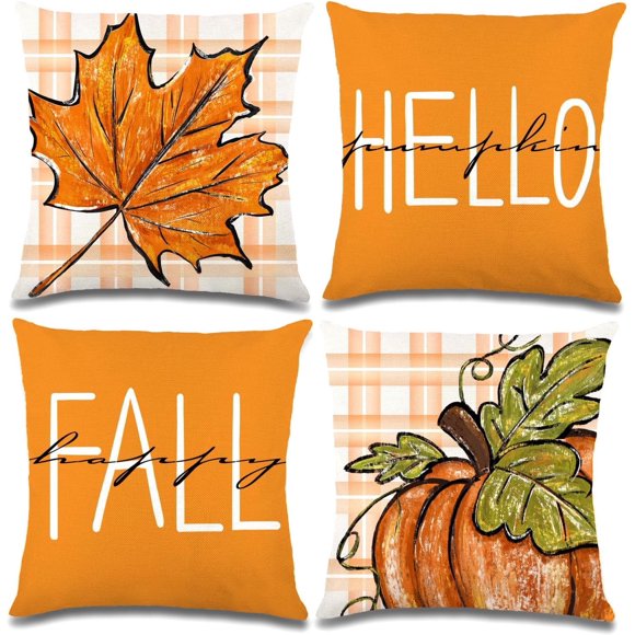 4 PCS Fall Pillow Covers Decoration,20x20in Buffalo Plaid Farmhouse Pumpkin Maple Leaves Thanksgiving Fall Throw Pillows Cushion Case Couch Decor for Autumn Home Outdoor Decorations