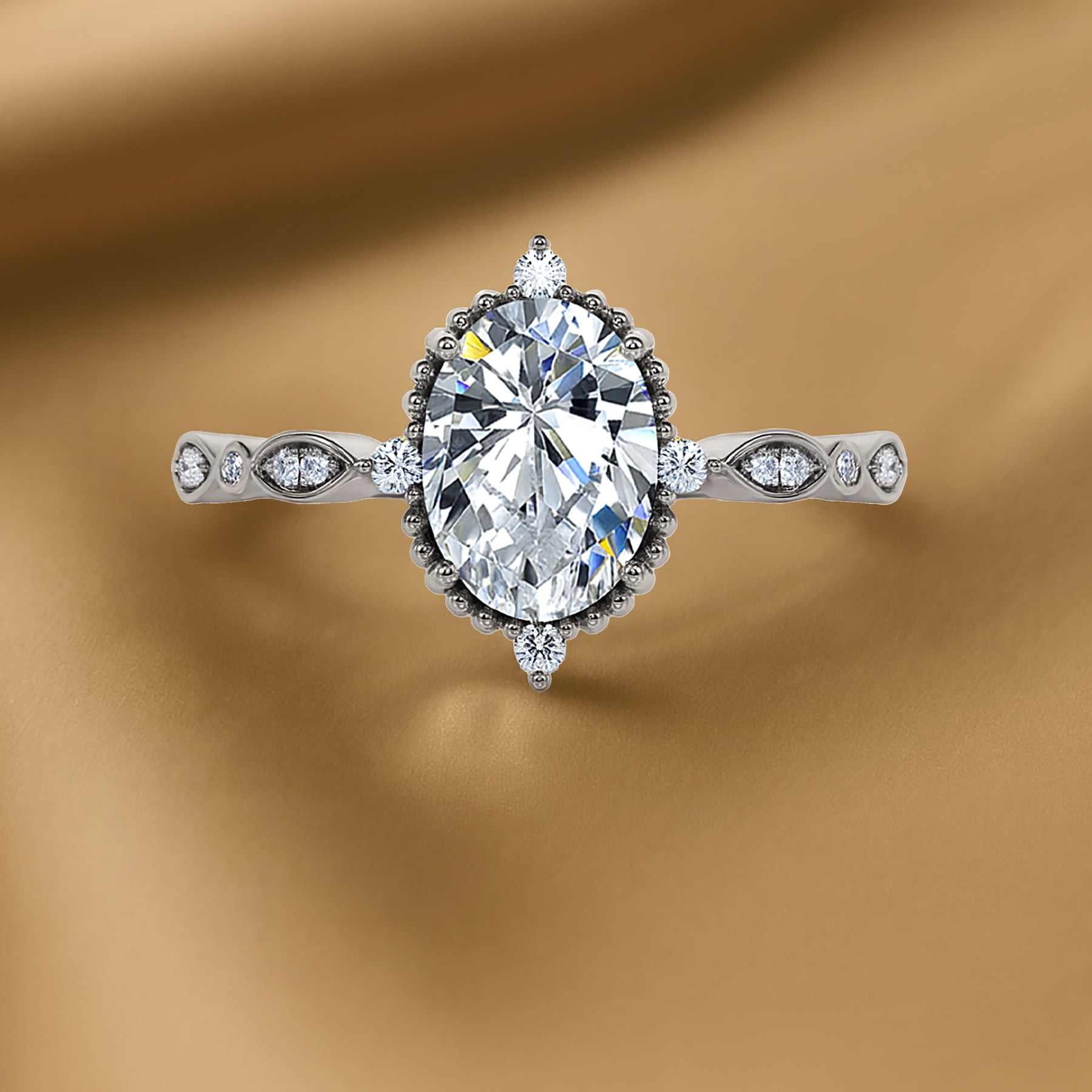 JeenMata 1.5 Carat Moissanite Oval Shape - Vintage Filigree Bezel 5-Stone Milgrain Decorative Engagement Ring In 18K White Gold Plating for Women