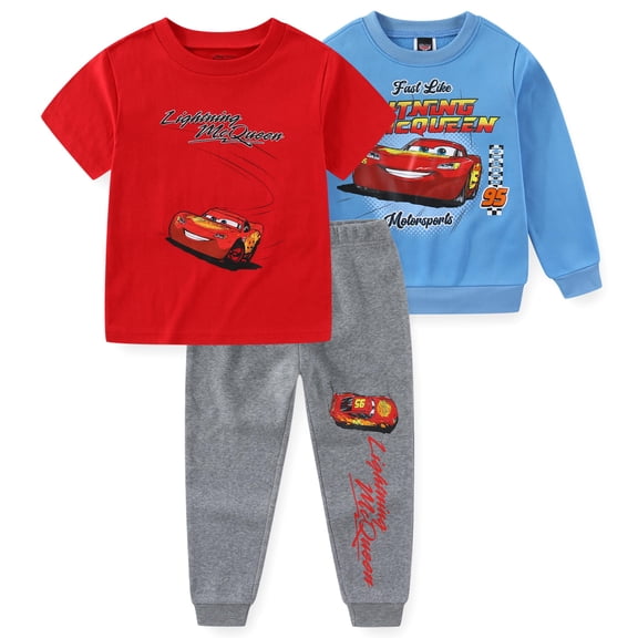 Disney Cars Lightning McQueen T-Shirt Sweatshirt and Pants (Boys), 3 Piece Set, Sizes 2T-7