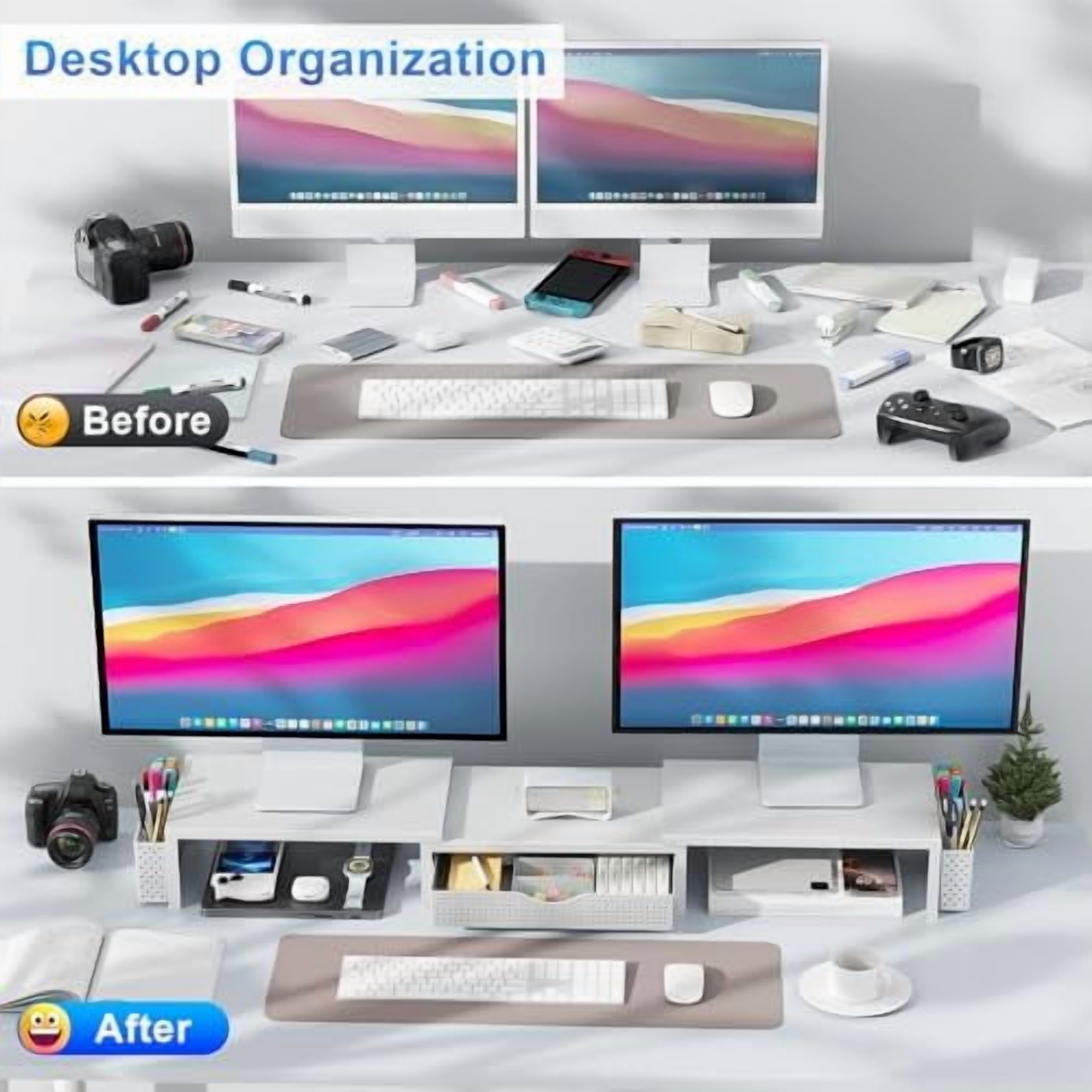 Dual Monitor Stand Riser, Desk Organizer With Drawer and 2 Pen Holders, Monitor Stand for Desk, Office Decor Essentials (White)
