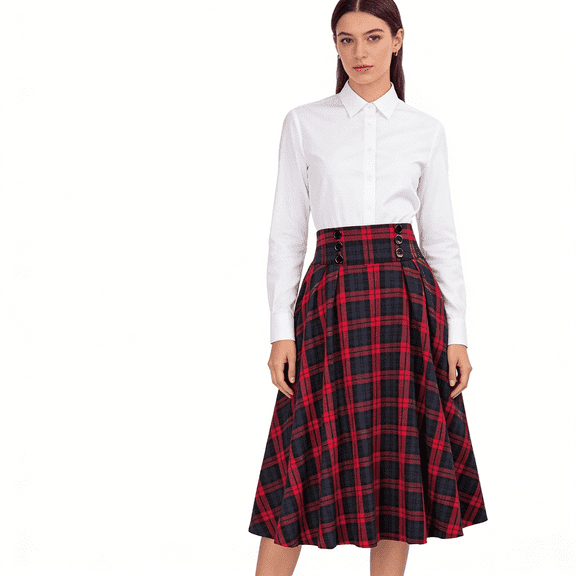 Gyexs Plaid Skirts for Women Christmas Elastic High Waist A line Pleated Long Skirt Spring Fall Winter, Red & Size M
