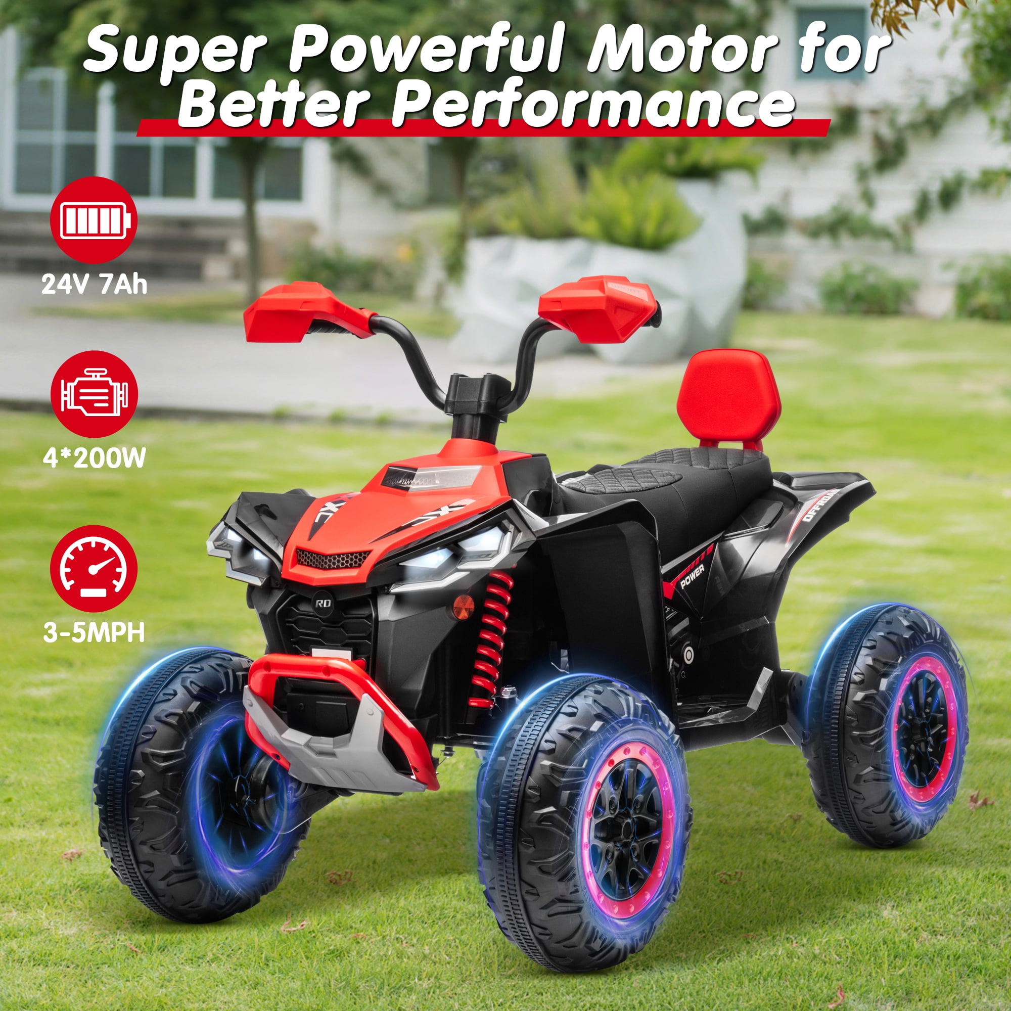 Joyracer 4WD 24V 2-Seater Kids Ride on Toy, 4×200W Motors, 9AH Battery Powered Electric 4-Wheeler ATV w/ Kneepads, Music, Red