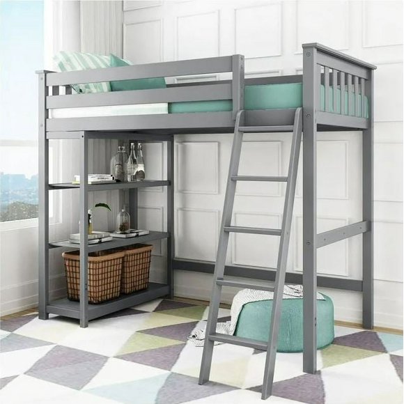 Bedsmart Max and Lily Twin Size High Loft Bed with Bookcase Grey