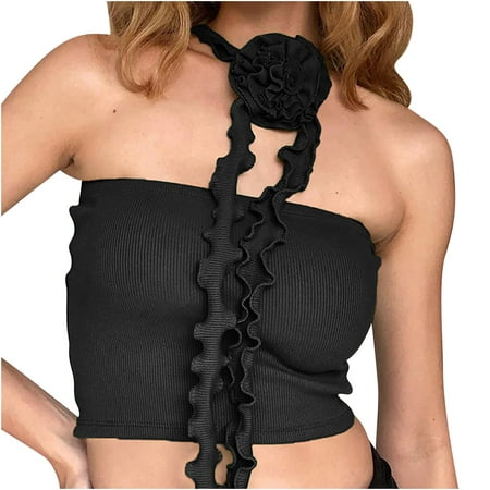 

pbnbp Cute Crop Tops for Women Halter Casual Solid Ribbed Knit Floral Front Strapless Bustier Slim Fitted Tube Tube Party Outwear Crop Cami Tops