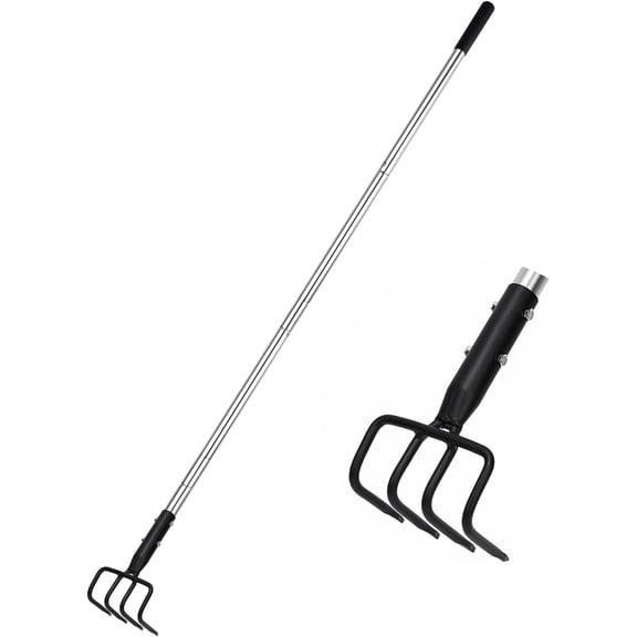 4 Tine Garden Cultivator, 27.5-55 Inch Adjustable Claw Rake, Long Handle Carbon Steel Hand Tiller for Digging, Loosening, Weeding