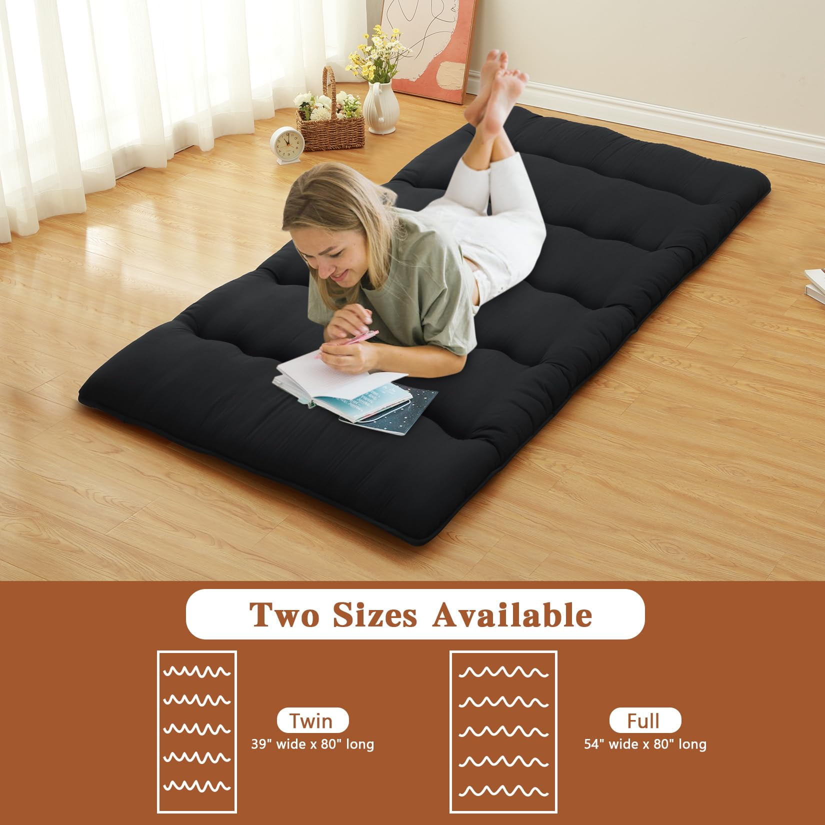 AOILE Japanese Futon Floor Mattress – Wave Pattern Roll-Up Tatami Mat for Sleeping, Camping, Twin/Full/Queen Size