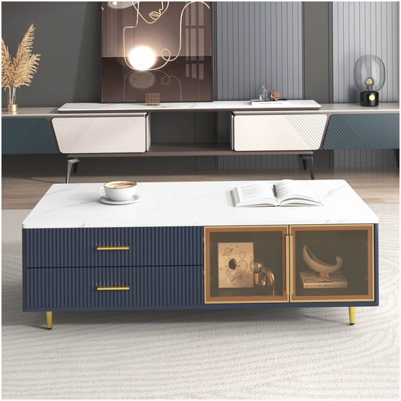 Navy Blue & Gold Coffee Table with 4 Drawers, Glass Cabinets and RGB Lighting, Modern Design