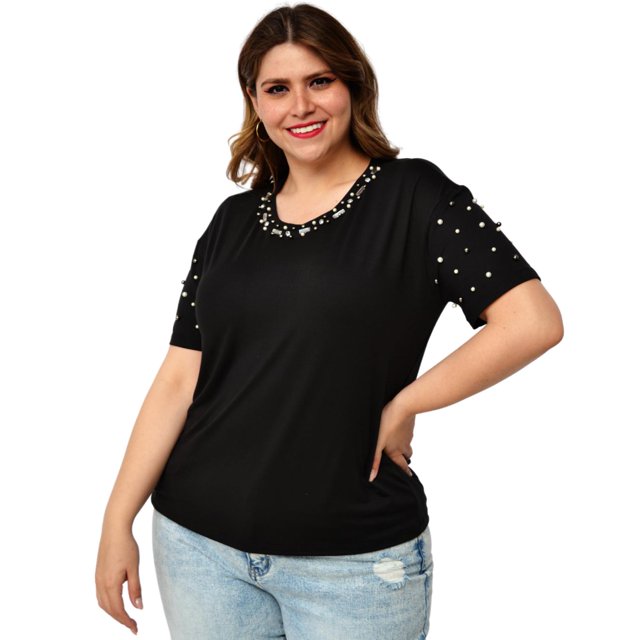 Blusa con pedrería, talla extra modelo 3022-L (negro) negro 40 Roman Fashion Blusa extra 3022-L
