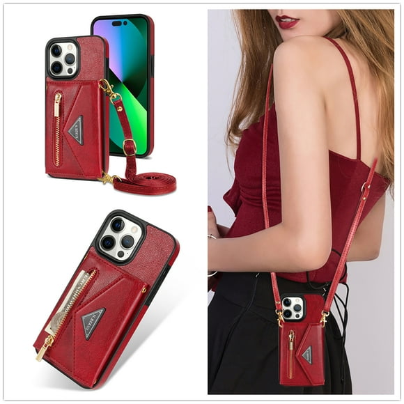 Allytech iPhone 16 Case Wallet, Crossbody Shoulder Strap Zipper Wallet with Cards Slots Pocket Shockproof Protective Case Cover for Apple iPhone 16 - Red