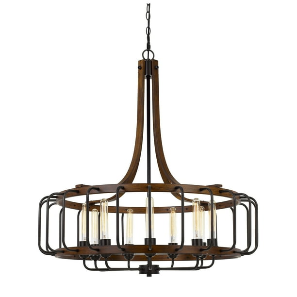 9 Bulb Round Chandelier With Wooden Frame And Metal Bars Brown Black Com 9 Bulb Round Chandelier With Wooden, Black Metal Round Chandelier