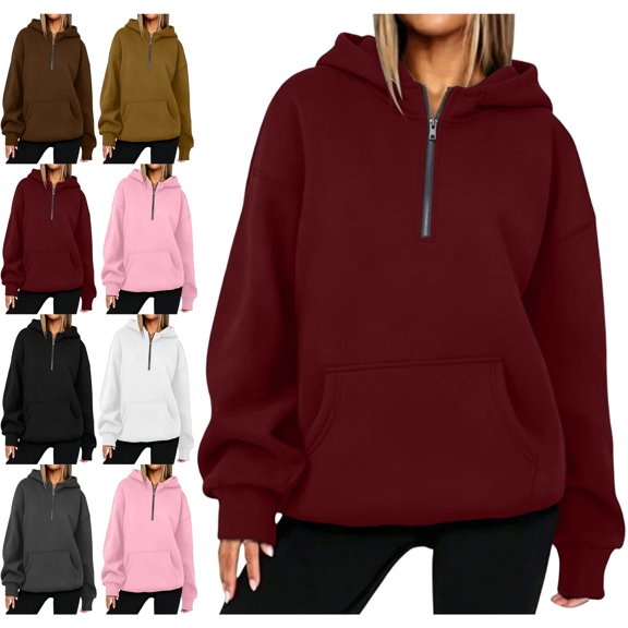 Womens Sweatshirt Fall Winter Fashion Half Zip Hooded Long Sleeve Loose Fit Soft Sweatshirt Top