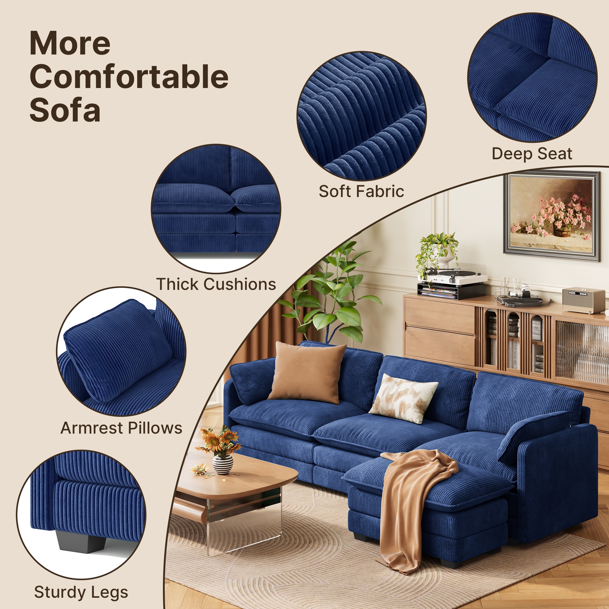 110" Sectional Sofa With Washable Cover, Comfy 3 Seater L-Shaped Corduroy Fabric Couch with Reversible Ottoman & Deep Seat for Apartment,Blue