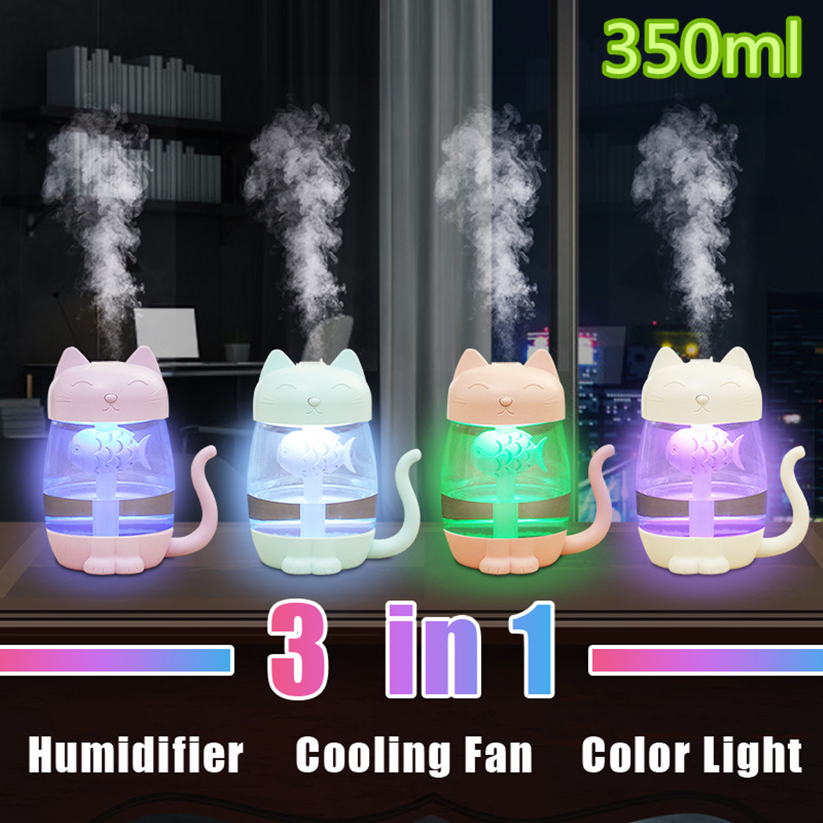 3 in1 USB Cat Air Humidifier 350 ML Ultrasonic Cool Mist Essential Oil