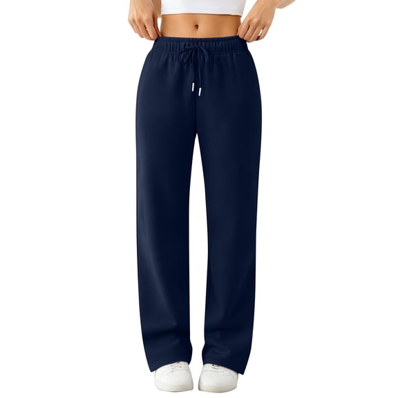 KDDYLITQ Womens Pants Straight Wide Leg Fleece Sweatpants High Waisted Drawstring Baggy Trousers Casual Comfy Sweat Pants with Pocket Navy S