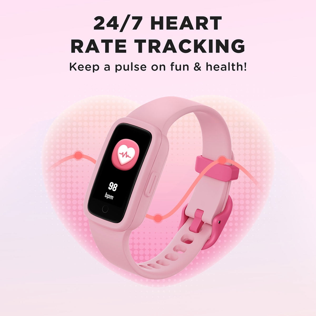BIGGERFIVE Vigor 3 Kids Fitness Tracker Watch, AMOLED Screen, No App No Phone Needed, 3ATM Waterproof, Heart Rate and Sleep Monitor, Pedometer Watch, Sports Step Counter for Girls Ages 5-15, Pink