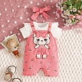 thumbnail image 2 of Infant Kids Summer Two-Piece Outfit Short Sleeve Ribbed Romper Bodysuit Cartoon CatBowknot Suspender Shorts Headband Girl Outfits Kids Clothes Size 6-12 Months, 2 of 5