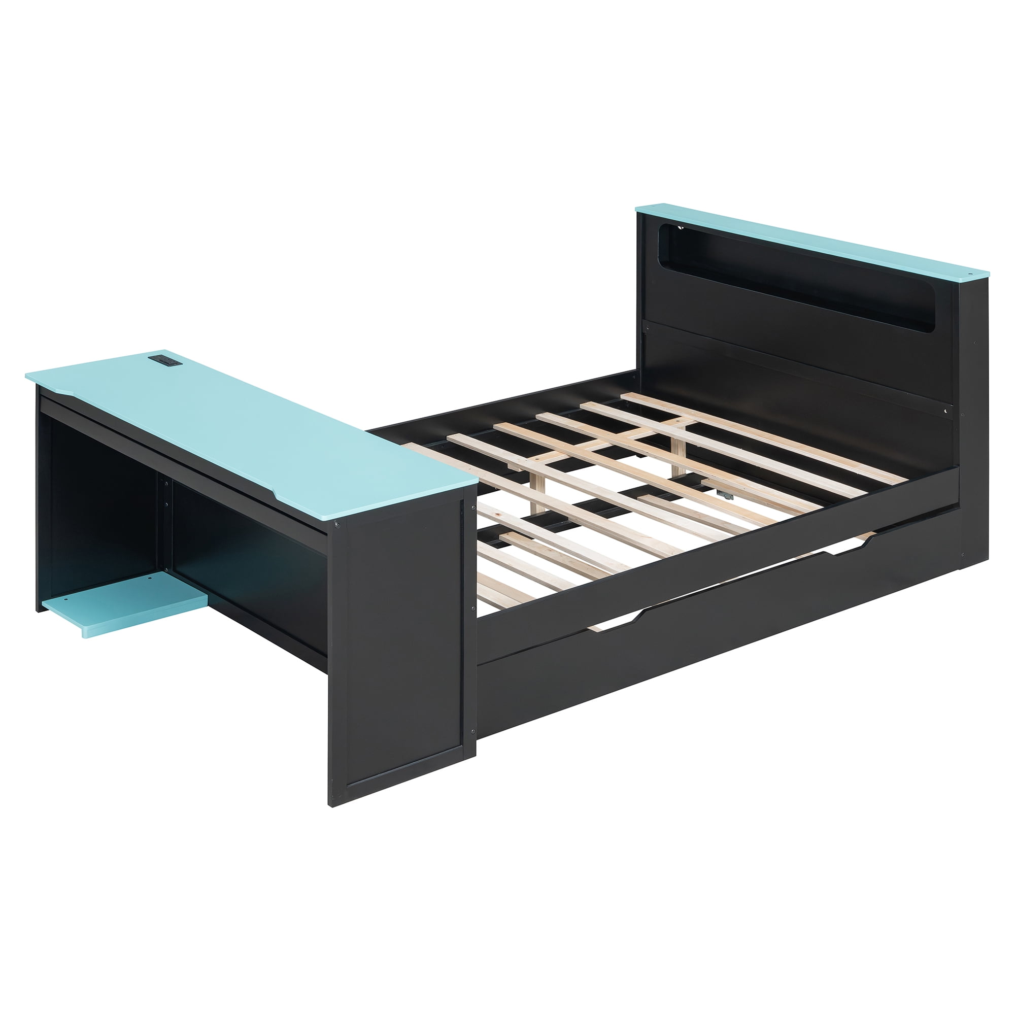Mintazer Full Gaming Bed with Charge Station & Lights, Daybed with Desk & Trundle for Home Office, Black & Blue