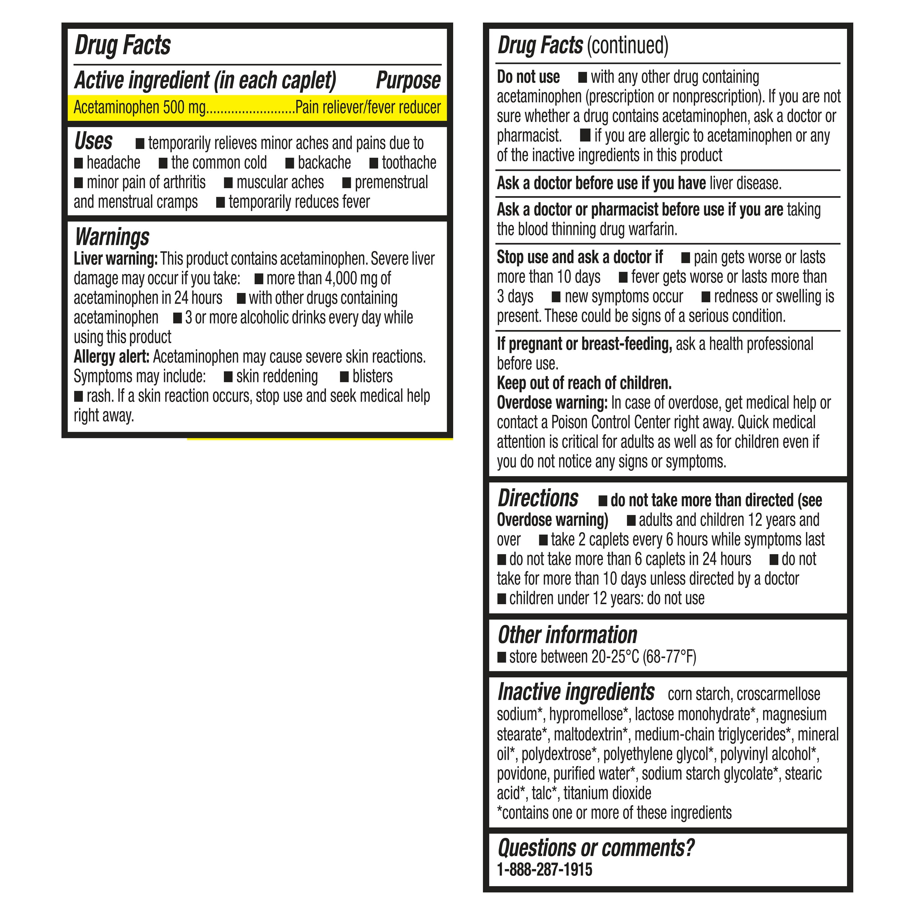 Equate Extra Strength Pain Relief Acetaminophen Caplets, 500 mg, 100 Count