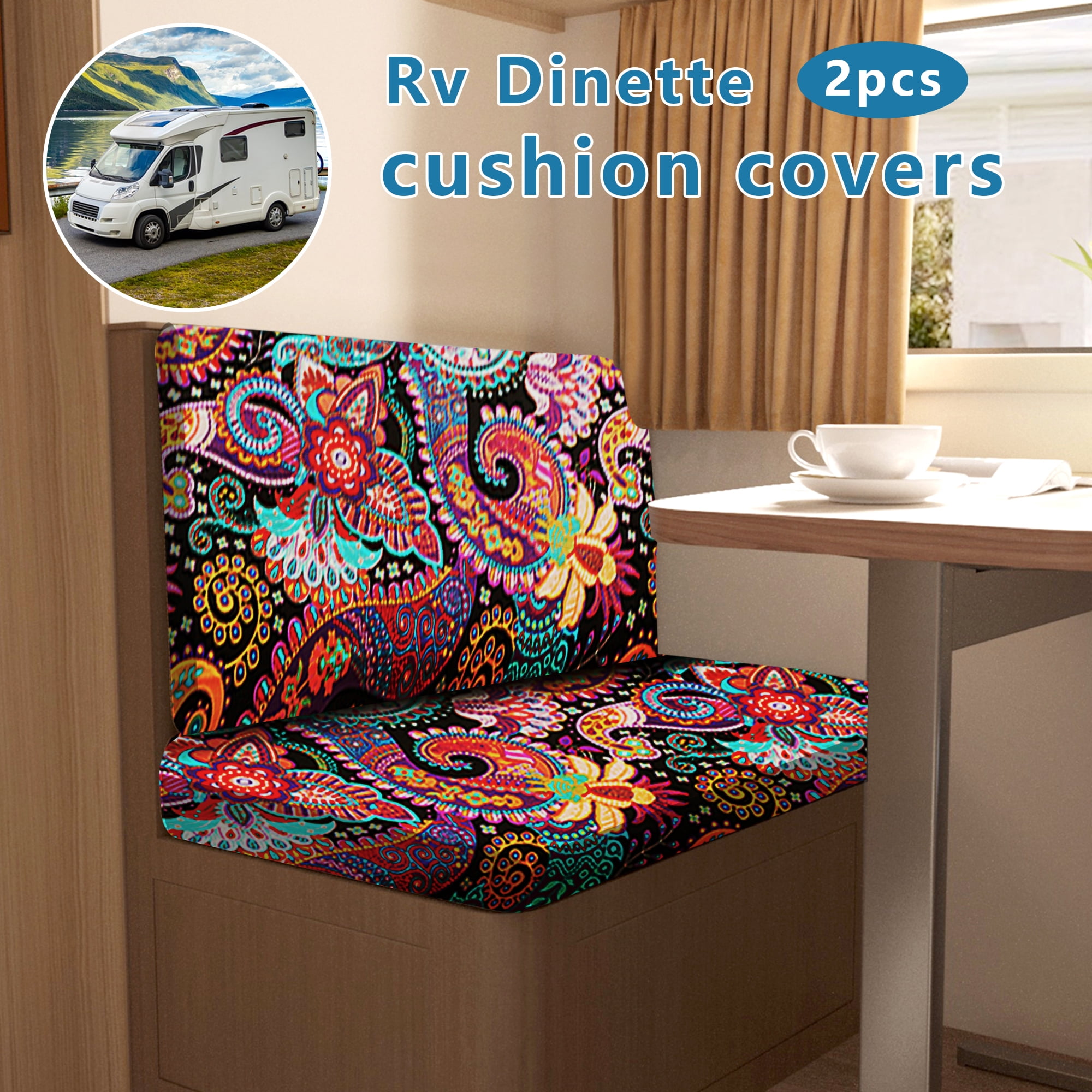 RV Dinette Cushion Covers  Print RV Seat Covers 2 Pack Camper Cushion Covers Dinette Booth Set Stretch Washable Couch Cover for RV Camper Sofa