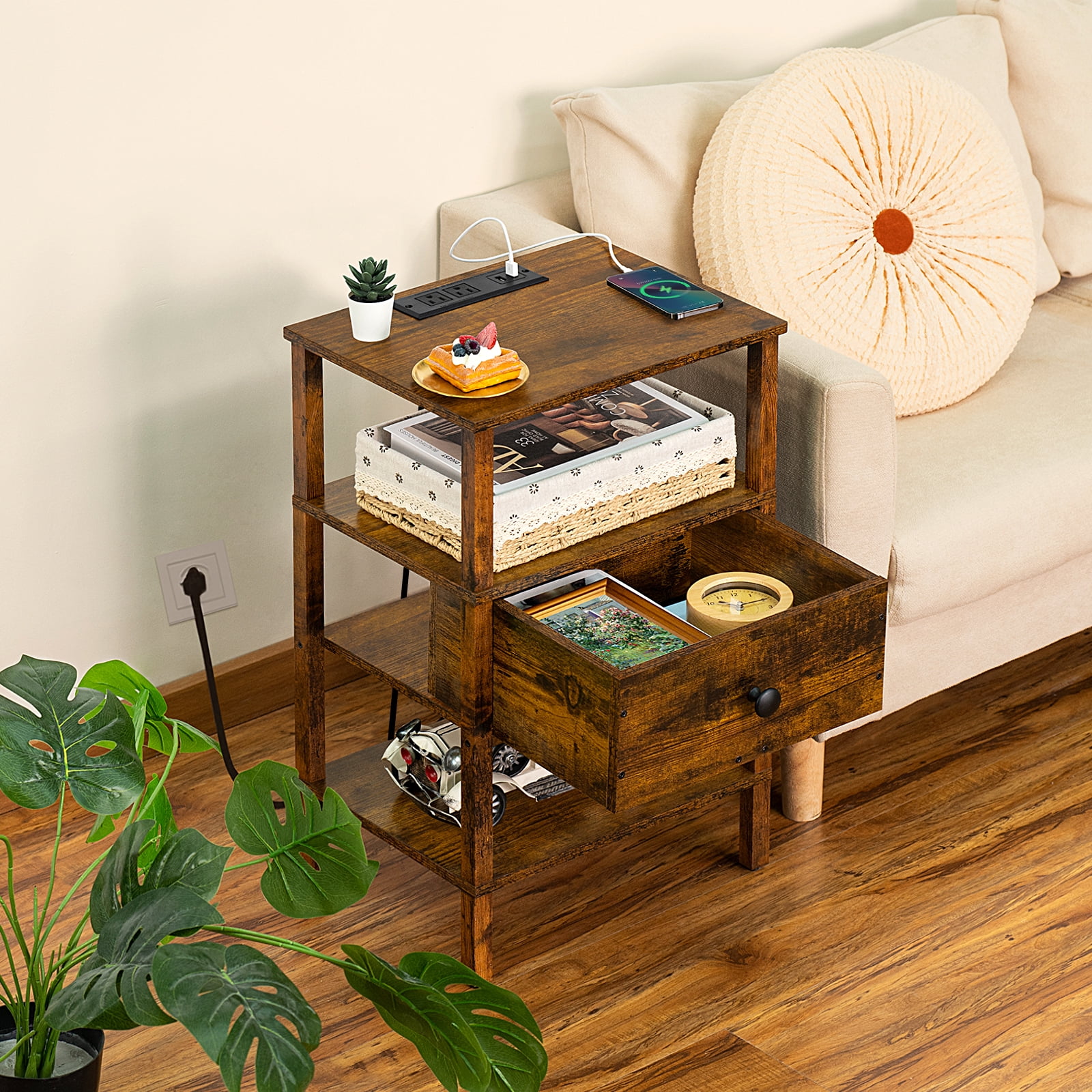 LEYAOYAO 3-Tier Side Table with Charging Station, End Table with 2 Outlets & 2 USB Ports, for Living Room, Rustic Brown