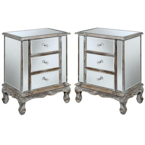 Home Square 3-Drawer Mirrored End Table in Weathered White Wood - Set of 2