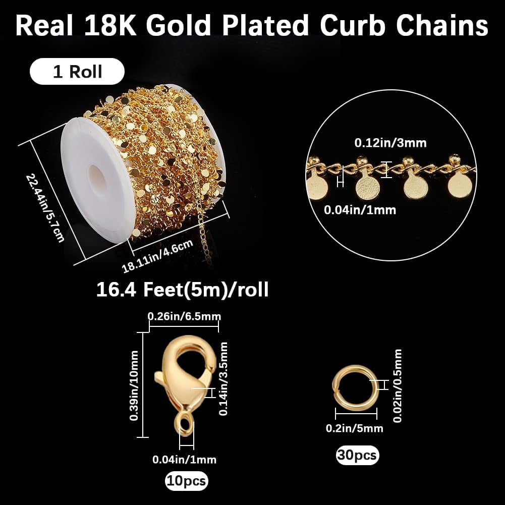 DIY Brass Curb Chains with Flat Round Charms Necklaces/Bracelets Making Kits Real 18K Gold Plated 3x2x1mm