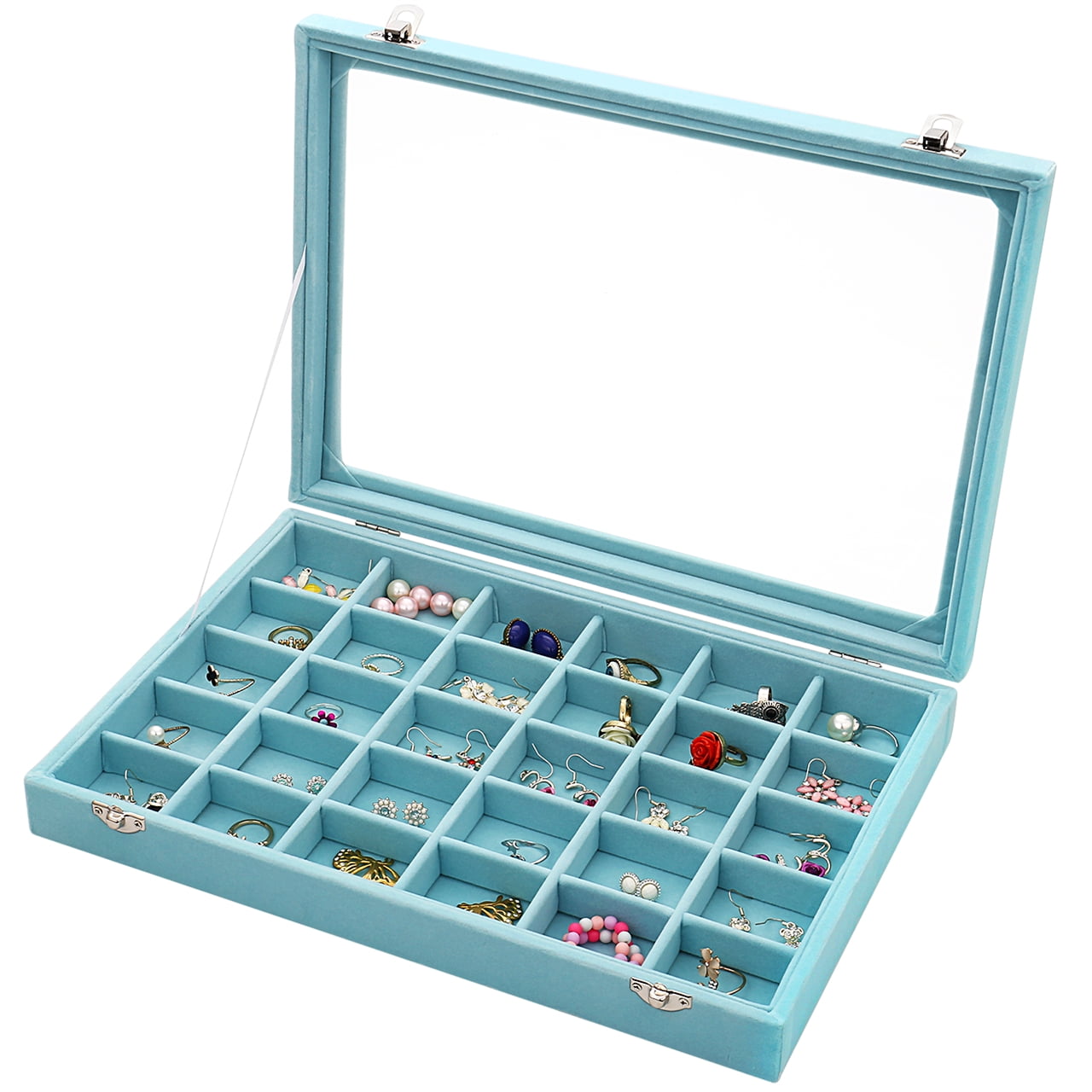 LANTWOO 30 Grid Velvet Clear Lid Jewelry Tray Organizer Rings Earrings Bracelet Holder Storage Box (Light Blue)